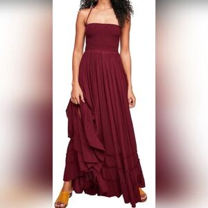 Elegant Cotton Burgundy Strapless Maxi Dress